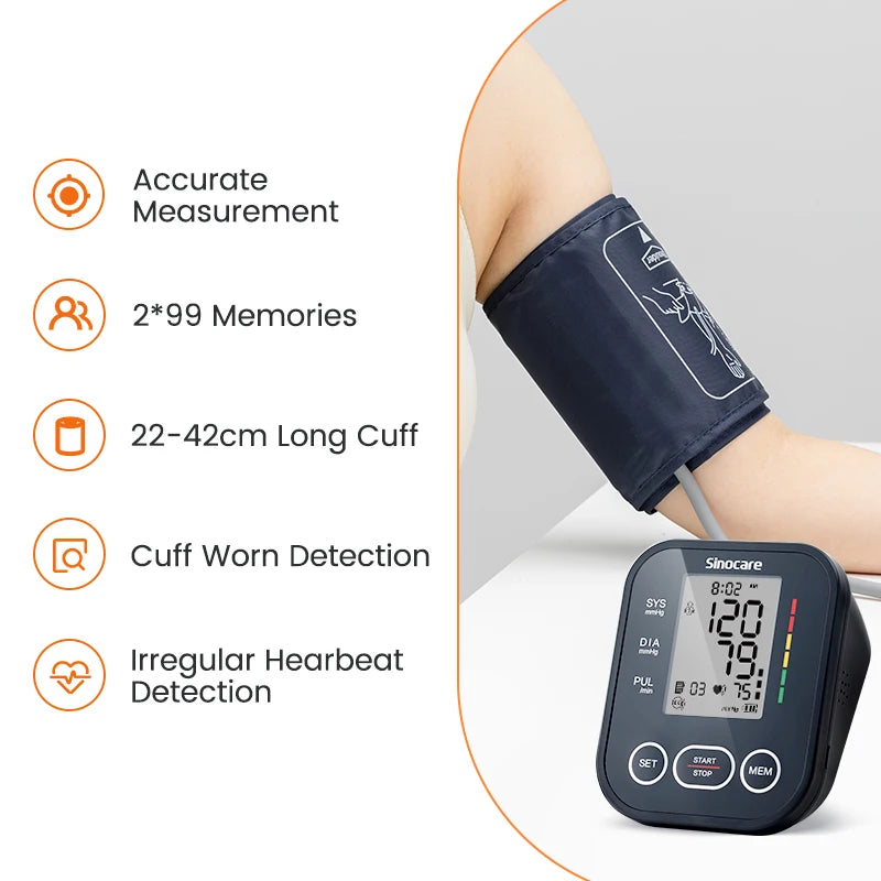 Sinocare Upper Arm Blood Pressure Monitor – Automatic BP & Heart Rate Machine